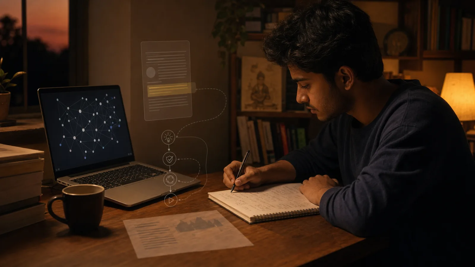 A learner taking notes beside a laptop while studying an AI concept