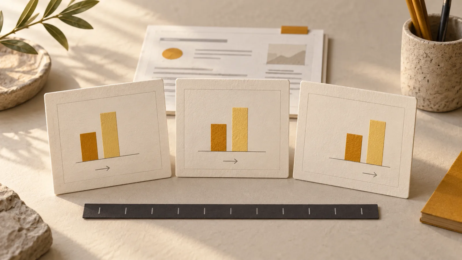 AI-generated editorial still life: three storyboard cards with an abstract bar chart in front of a report.
