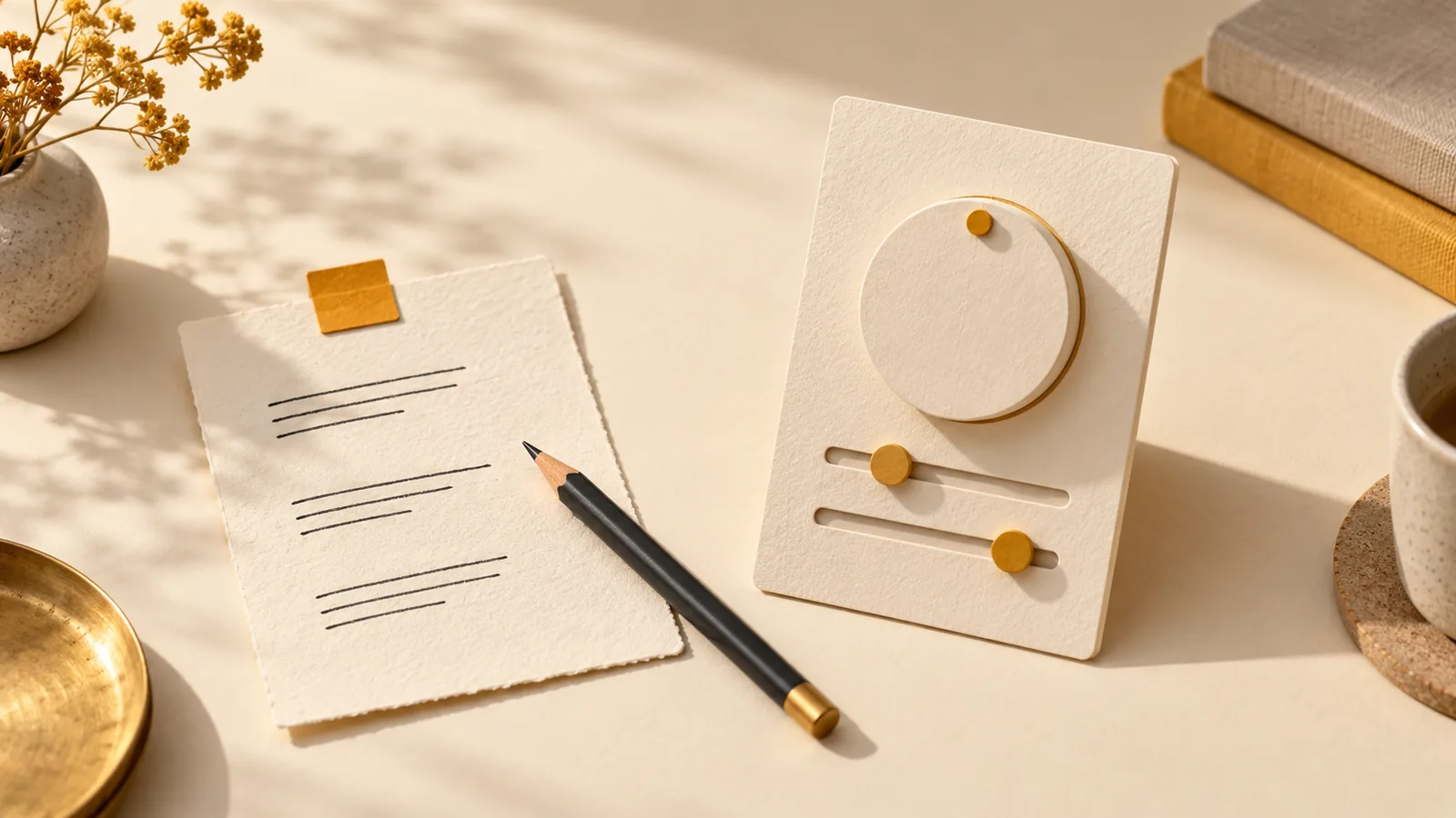 AI-generated editorial still life: an adjustable paper card beside a source note and pencil.