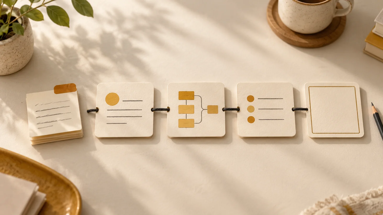 AI-generated editorial still life: a memory note linked to task cards and an empty approval card.